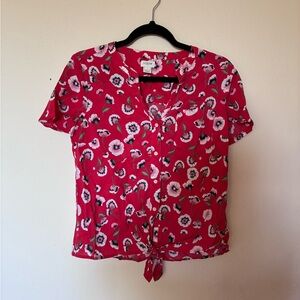 J. Crew Red Floral Tie-Front Blouse